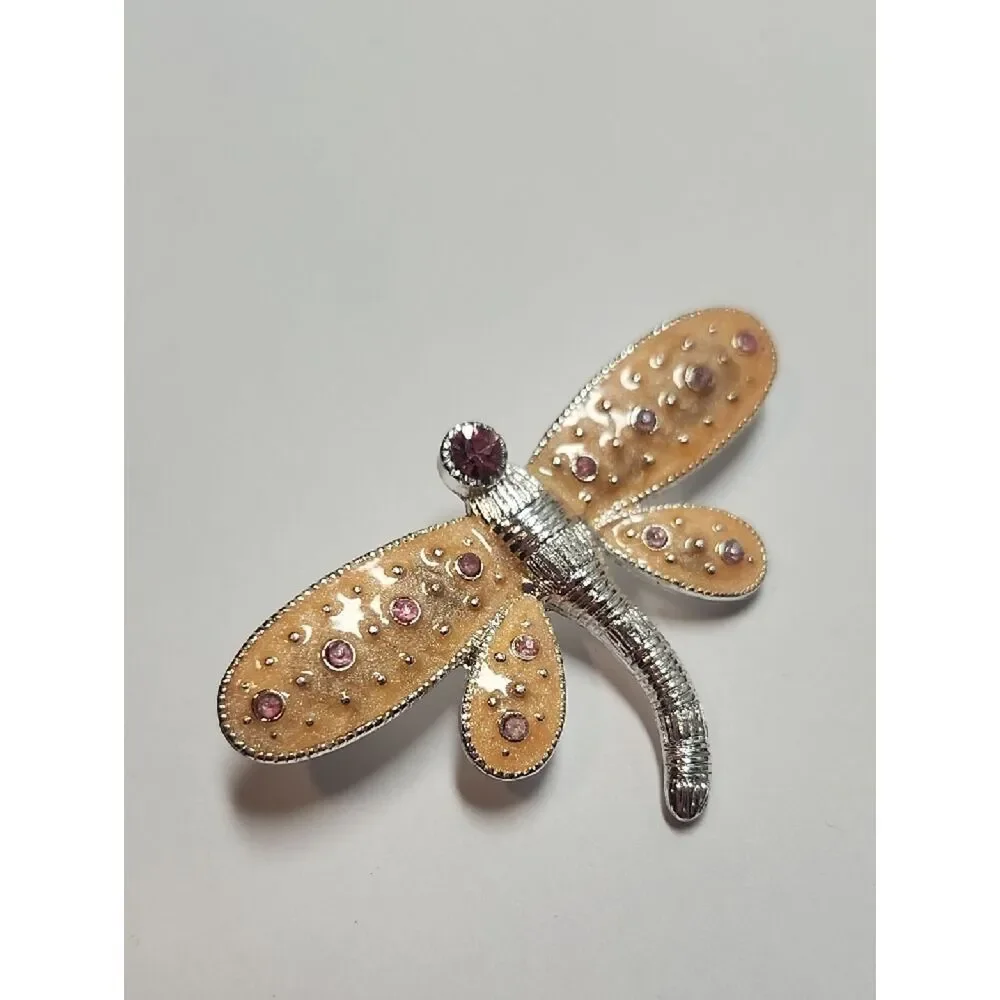 Dragonfly Brooch with Pink Crystals